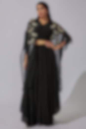 Black Organza Embroidered Cape Set by Radical