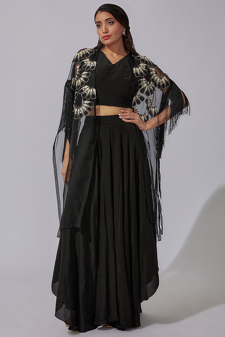Black Organza Embroidered Cape Set by Radical