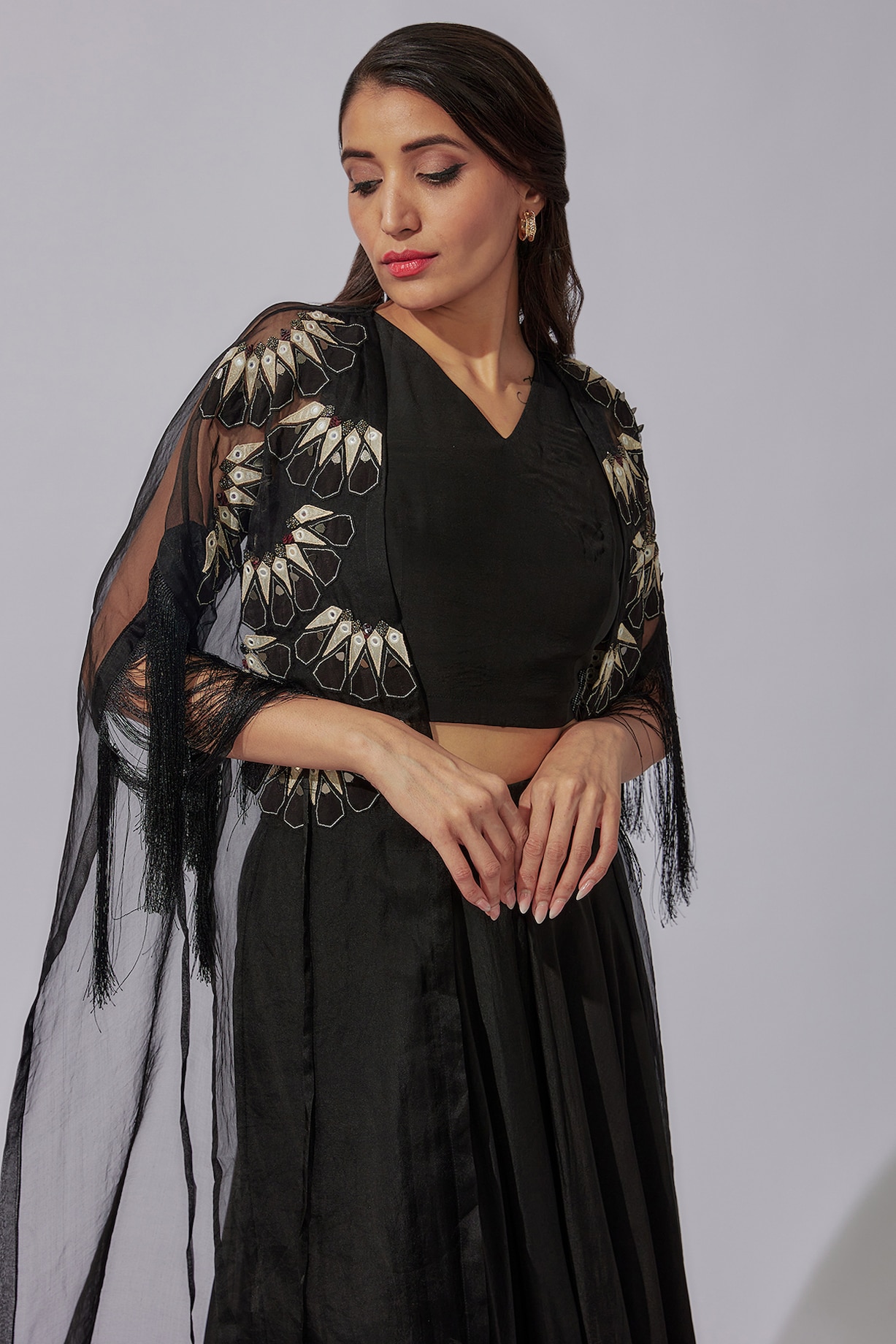 Black Organza Embroidered Cape Set by Radical at Pernia's Pop Up