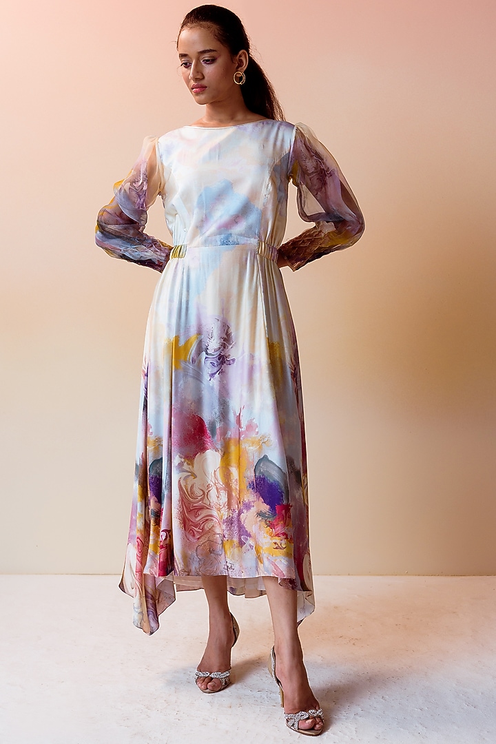 Off-White Printed Ruched Vacation Dress by Radical at Pernia's Pop Up Shop