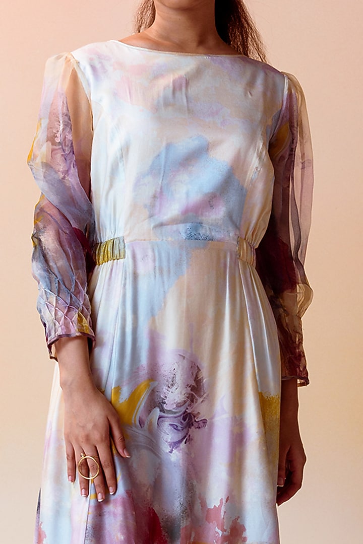 Off-White Printed Ruched Vacation Dress by Radical at Pernia's Pop Up Shop