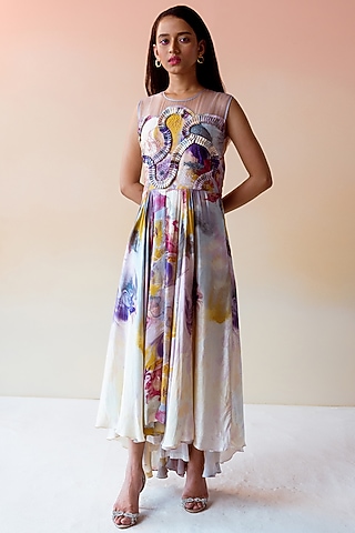 Off-White Printed Sheer High-Low Dress by Radical
