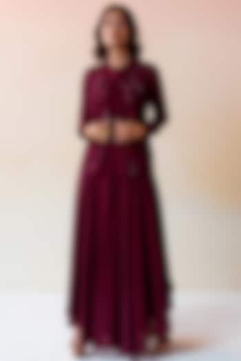 Burgundy Pure Crepe Flared Jumpsuit With Jacket by Radical