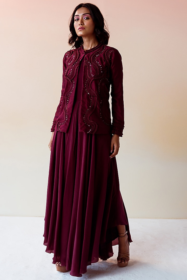 Burgundy Pure Crepe Flared Jumpsuit With Jacket by Radical at Pernia's Pop Up Shop