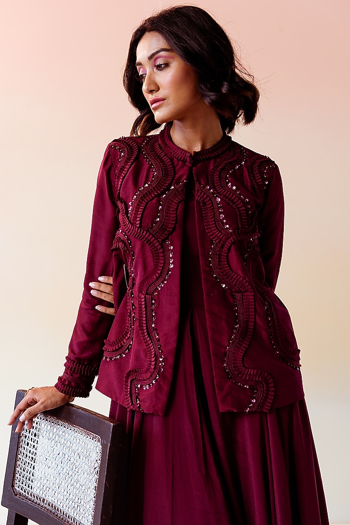 Burgundy Pure Crepe Flared Jumpsuit With Jacket by Radical at Pernia's Pop Up Shop
