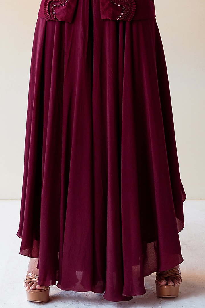Burgundy Pure Crepe Flared Jumpsuit With Jacket by Radical at Pernia's Pop Up Shop