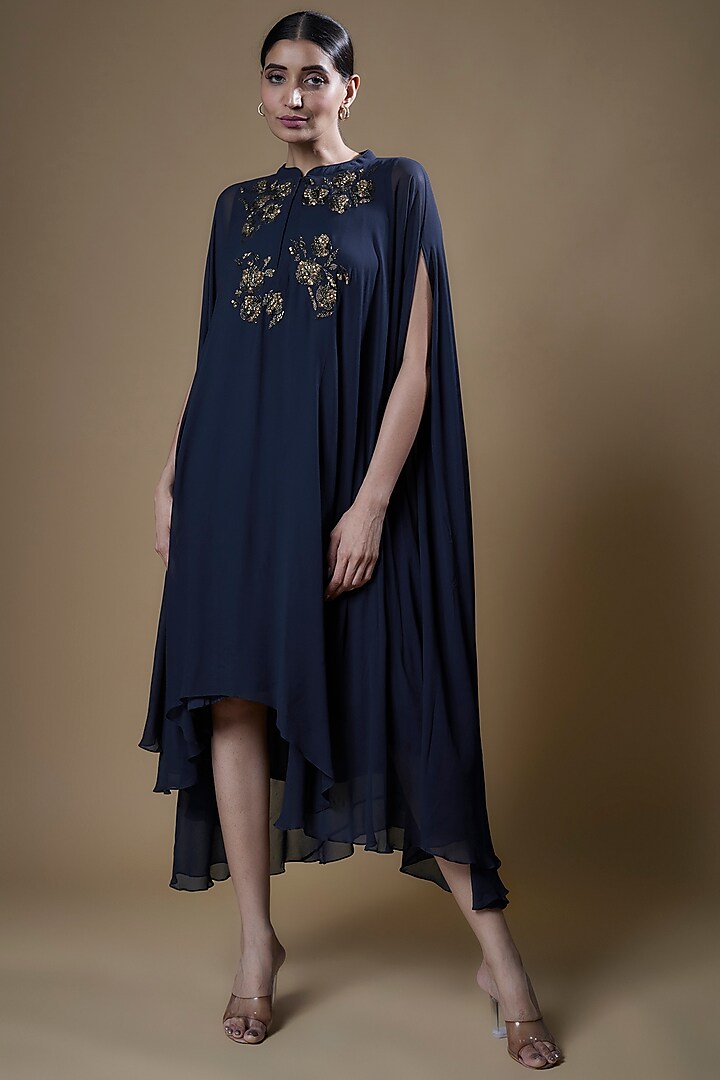 Navy Blue Pure Georgette Embroidered Trapeze Tunic by Radical