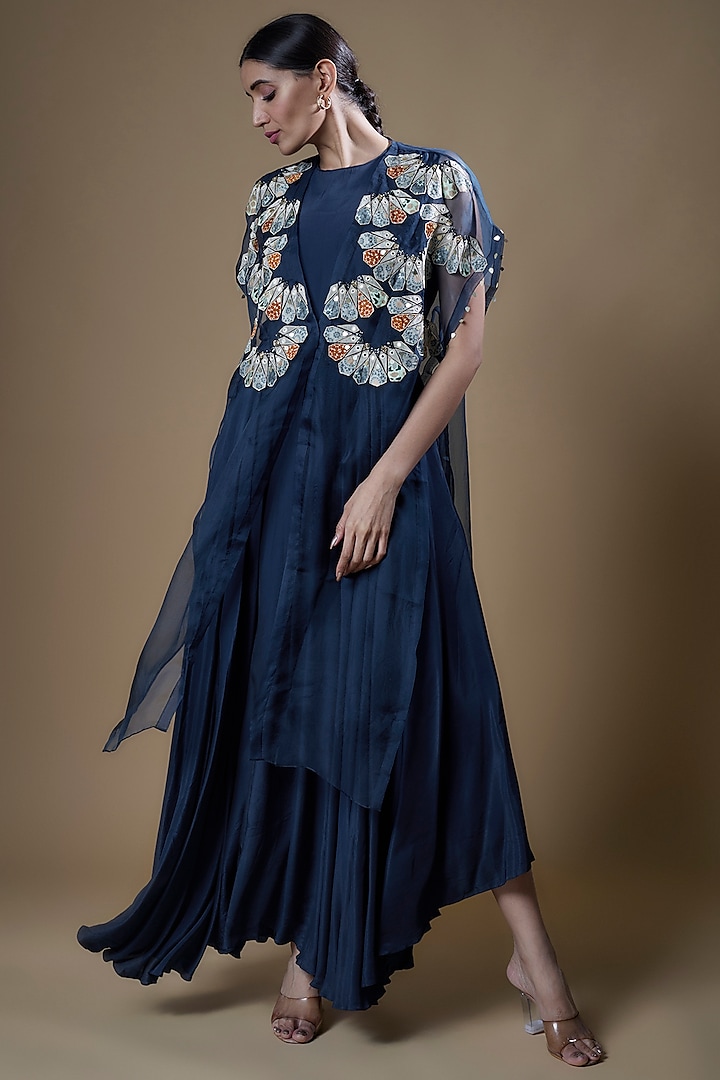 Navy Blue Crepe Gown With Appliqued Cape by Radical