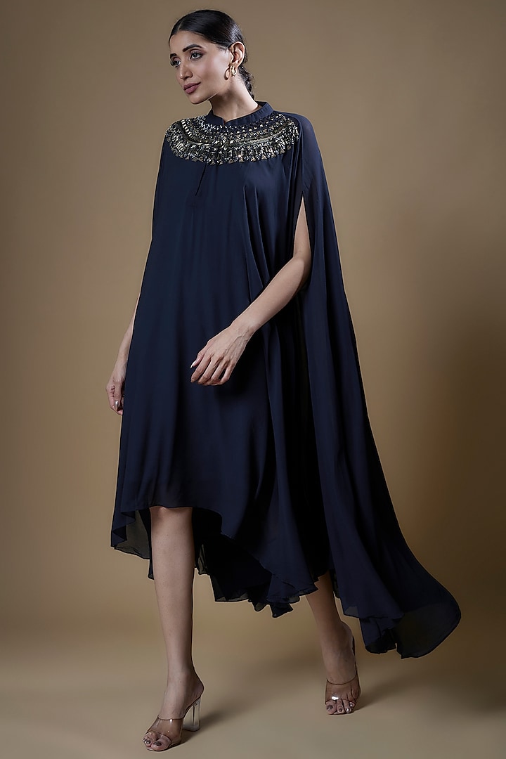 Navy Blue Pure Georgette Embroidered Trapeze Tunic by Radical