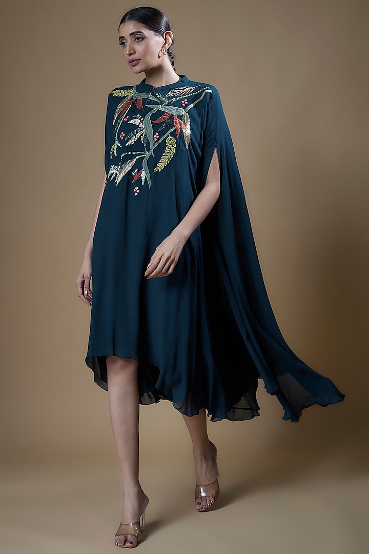 Navy Pure Georgette Embroidered Trapeze Tunic by Radical