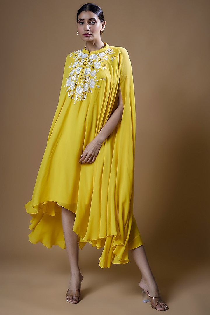 Yellow Pure Georgette Embroidered Trapeze Tunic by Radical