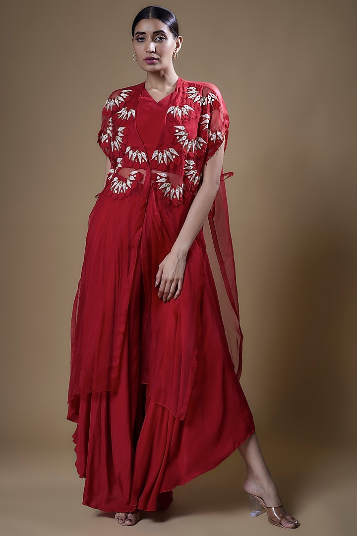 Red Organza Embroidered Cape Set by Radical