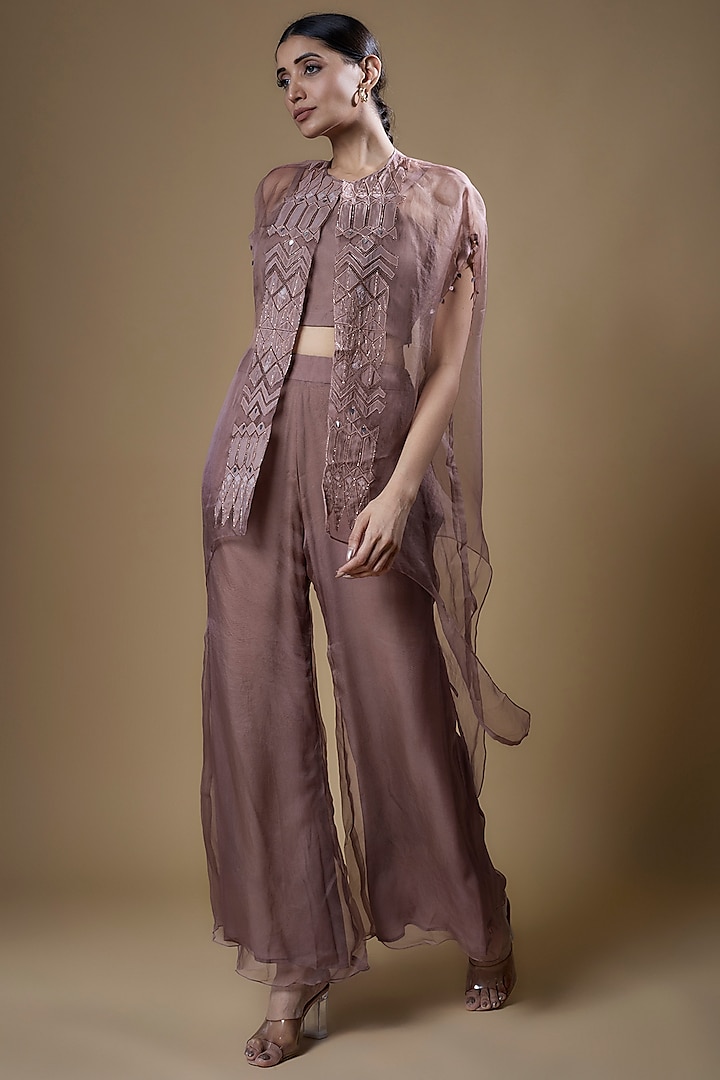 Plum Organza Embroidered Cape Set by Radical