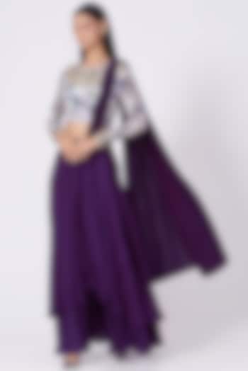 Purple Silk Draped Saree Set by Radical