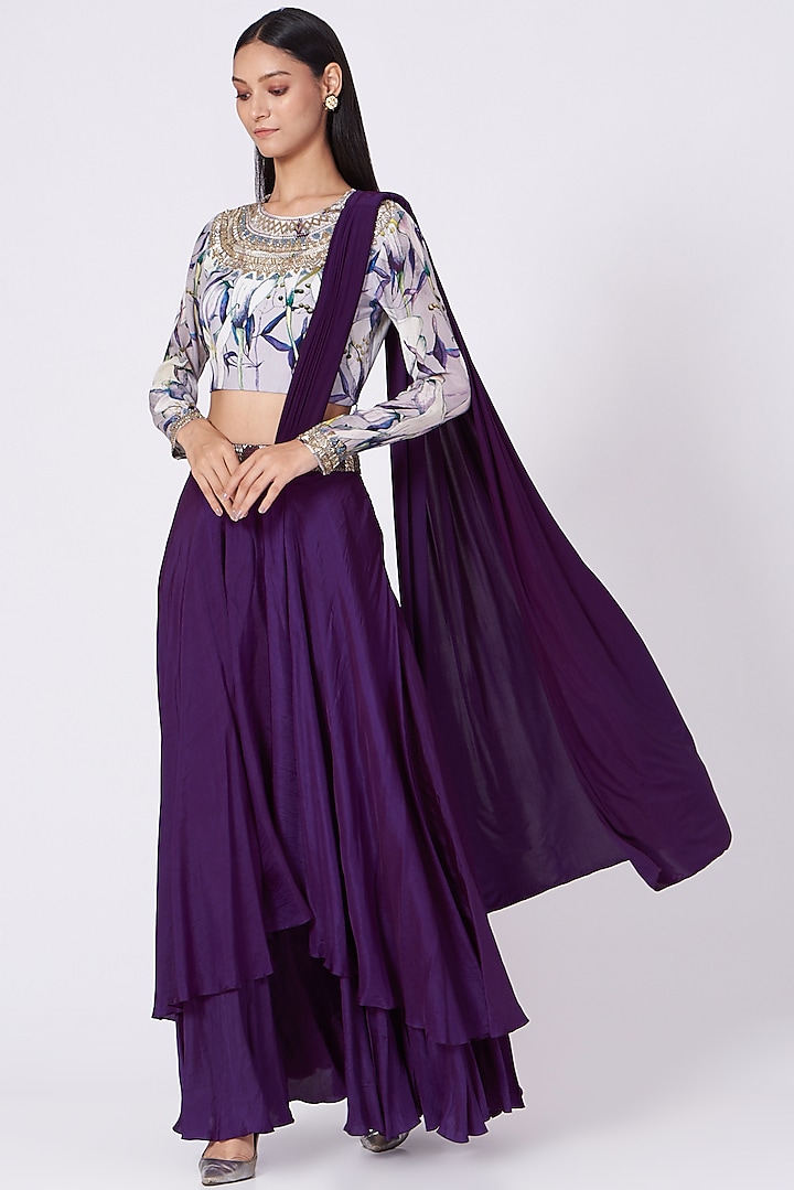 Purple Silk Draped Saree Set by Radical