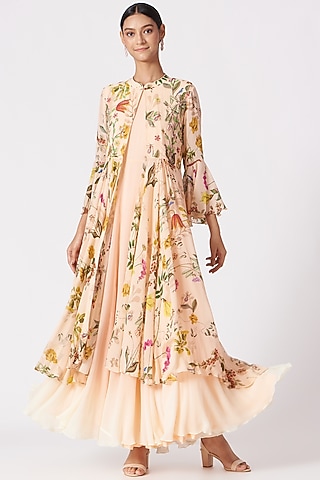 Peach Flared Jumpsuit With Embroidered Jacket by Radical