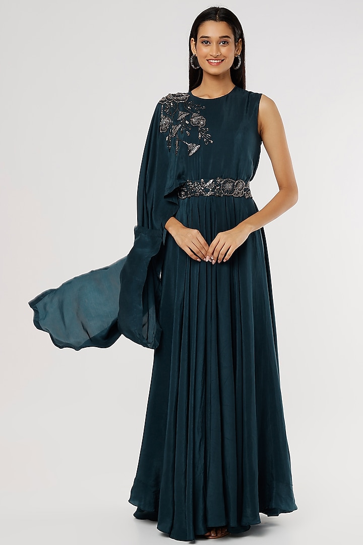 Blue Crepe Embroidered Gown by Radical at Pernia's Pop Up Shop