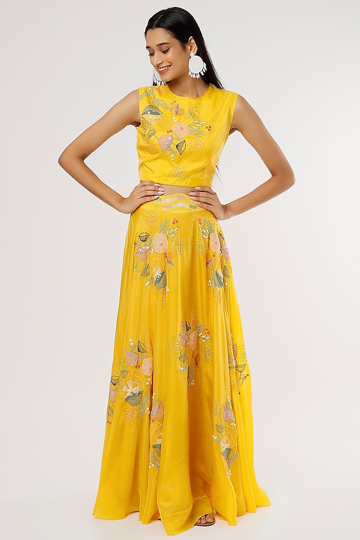 Yellow Bemberg Silk Skirt Set by Radical