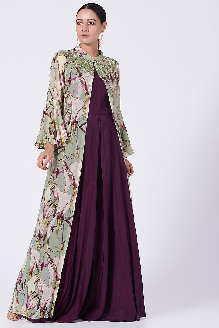 Aubergine Pure Crepe Jumpsuit With Jacket by Radical