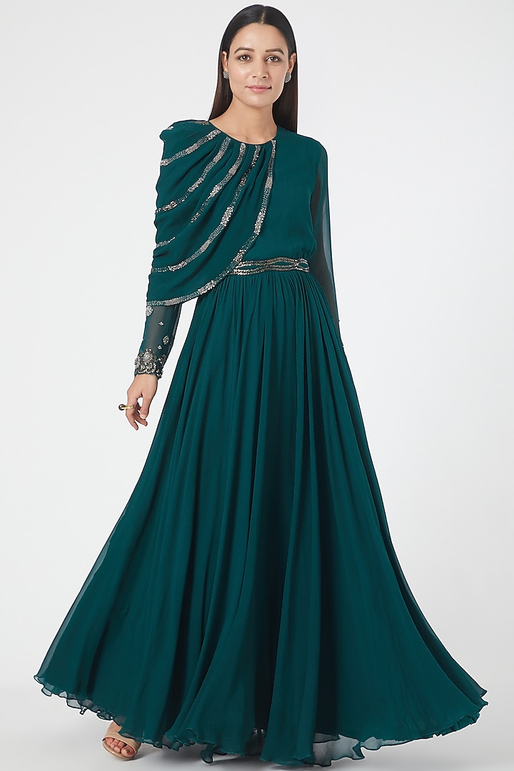 Deep Teal Beaded Belted Gown by Radical