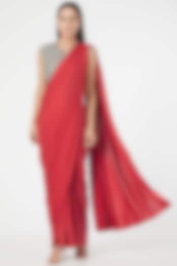 Cherry Red Silk Jersey Draped Pant Saree Set by Radical