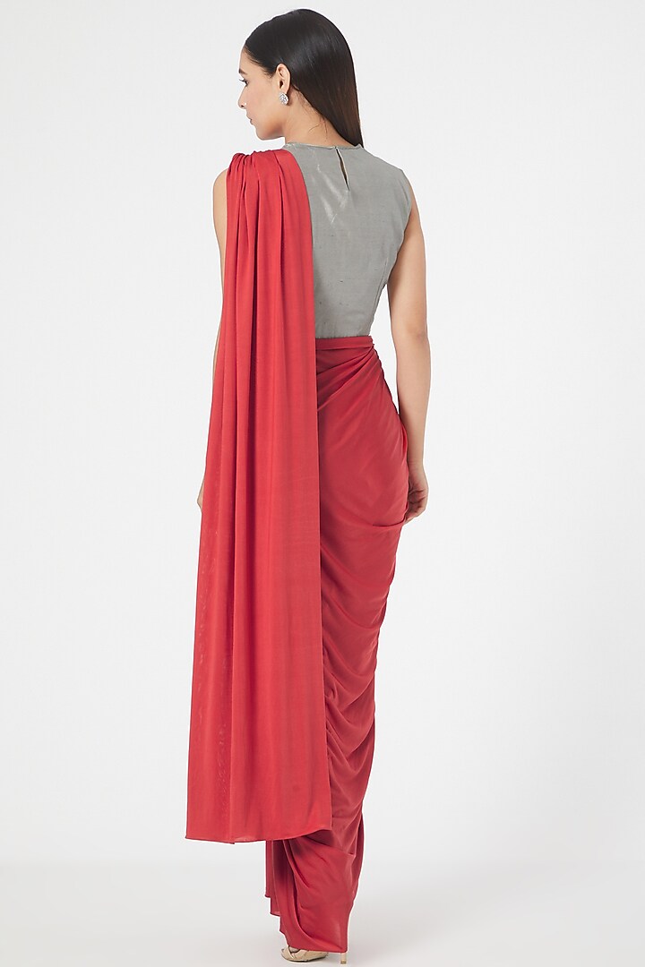 Cherry Red Silk Jersey Draped Pant Party Wear Saree Set by Radical at Pernia's Pop Up Shop