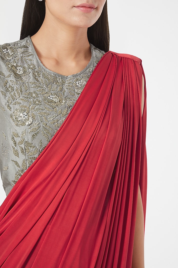 Cherry Red Silk Jersey Draped Pant Party Wear Saree Set by Radical at Pernia's Pop Up Shop