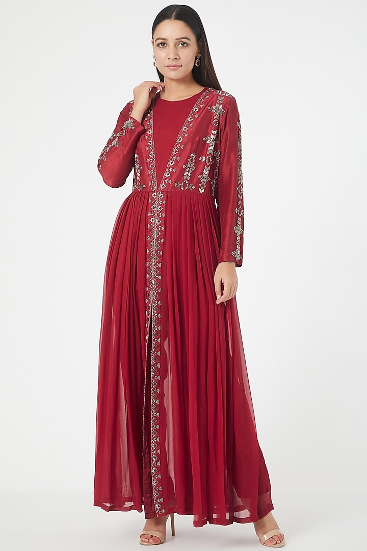 Red Beaded Pleated Long Tunic Set by Radical