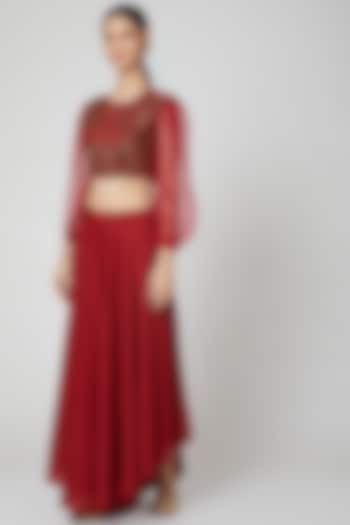 Brick Red Embroidered Crop Top & Flared Pants by Radical at Pernia's Pop Up Shop