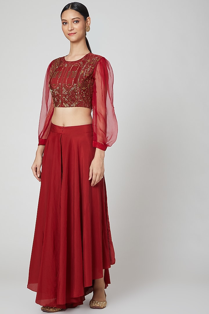 Brick Red Embroidered Crop Top & Flared Pants by Radical at Pernia's Pop Up Shop