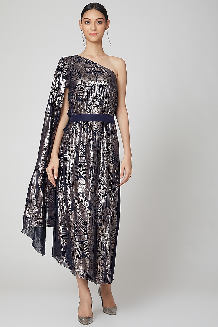 Navy Blue Embroidered Maxi Dress With Belt by Radical