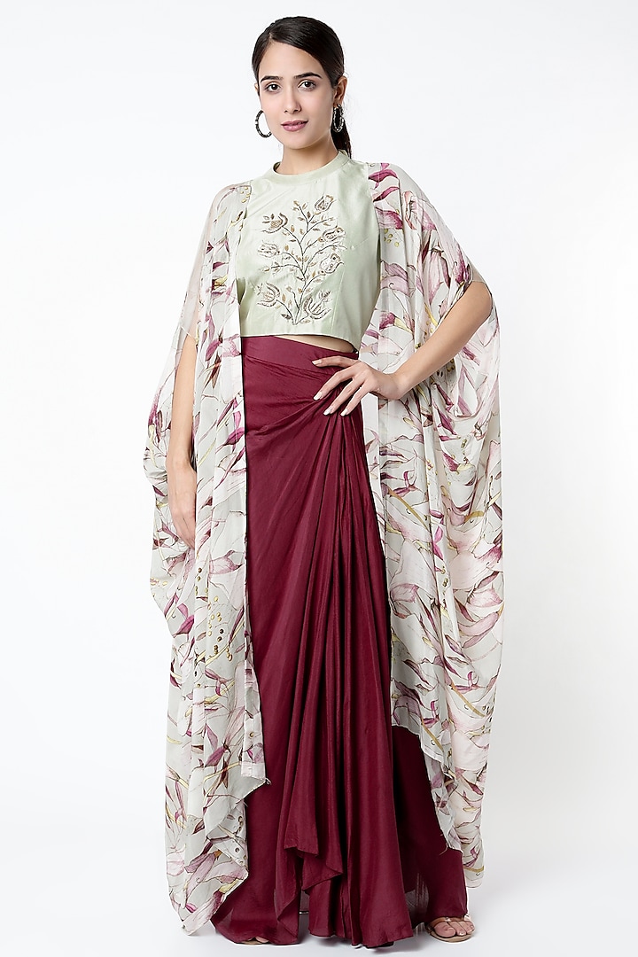 Burgundy Pure Silk Draped Skirt Set by Radical