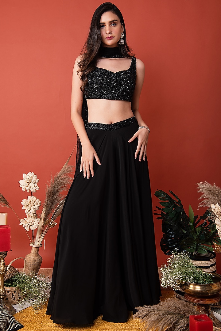 Black Crepe Embellished Skirt Set by SHRISTI CHETANI