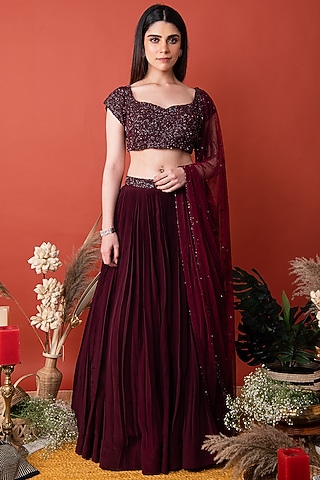 Wine Embellished Skirt Set by SHRISTI CHETANI