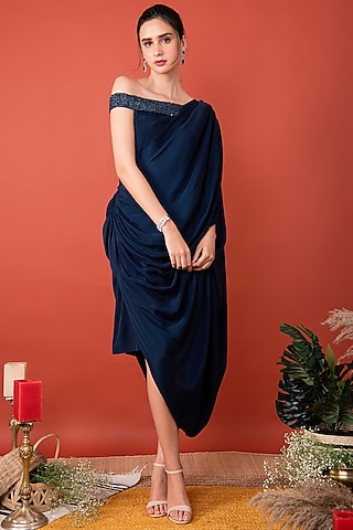 Midnight Blue Off Shoulder Dress by SHRISTI CHETANI