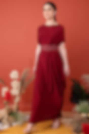 Cadmium Red Crepe Draped Dress by SHRISTI CHETANI