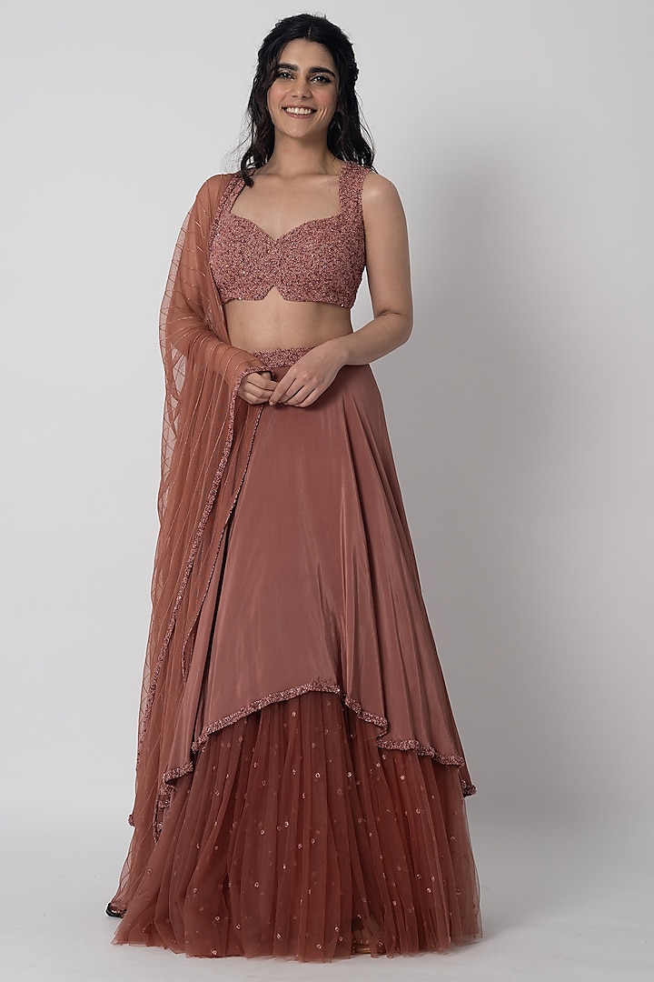 Blush Pink Crepe Sequins Embroidered Wedding Lehenga Set by Shristi Chetani at Pernia's Pop Up Shop