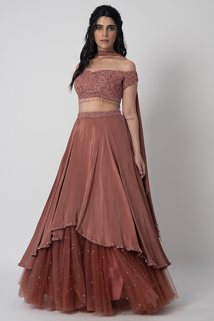 Blush Pink Crepe Sequins Embroidered Wedding Lehenga Set by Shristi Chetani at Pernia's Pop Up Shop