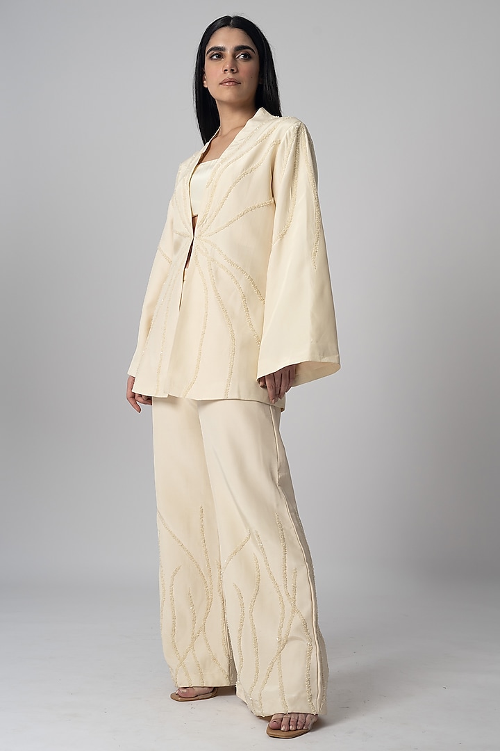 Beige Crepe Sequins Embroidered Jacket Set by Shristi Chetani