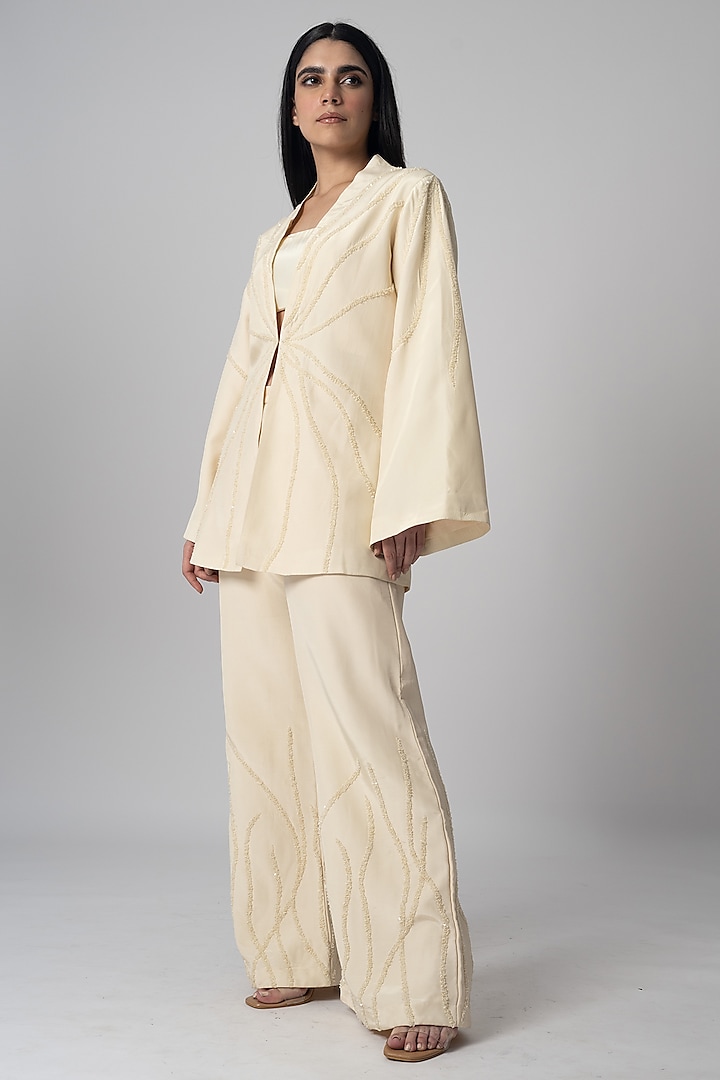 Beige Crepe Sequins Embroidered Jacket Set by Shristi Chetani at Pernia's Pop Up Shop