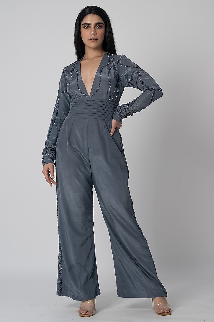 Grey Crepe Sequins Embroidered Jumpsuit by Shristi Chetani