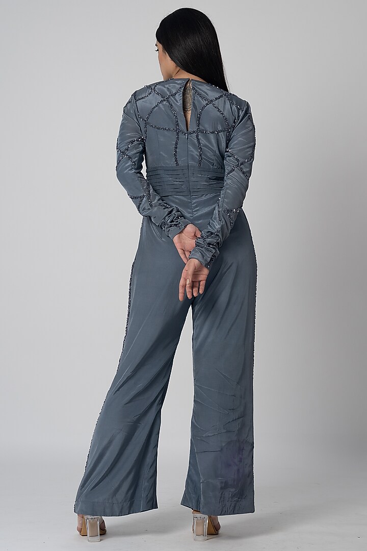 Grey Crepe Sequins Embroidered Jumpsuit by Shristi Chetani at Pernia's Pop Up Shop