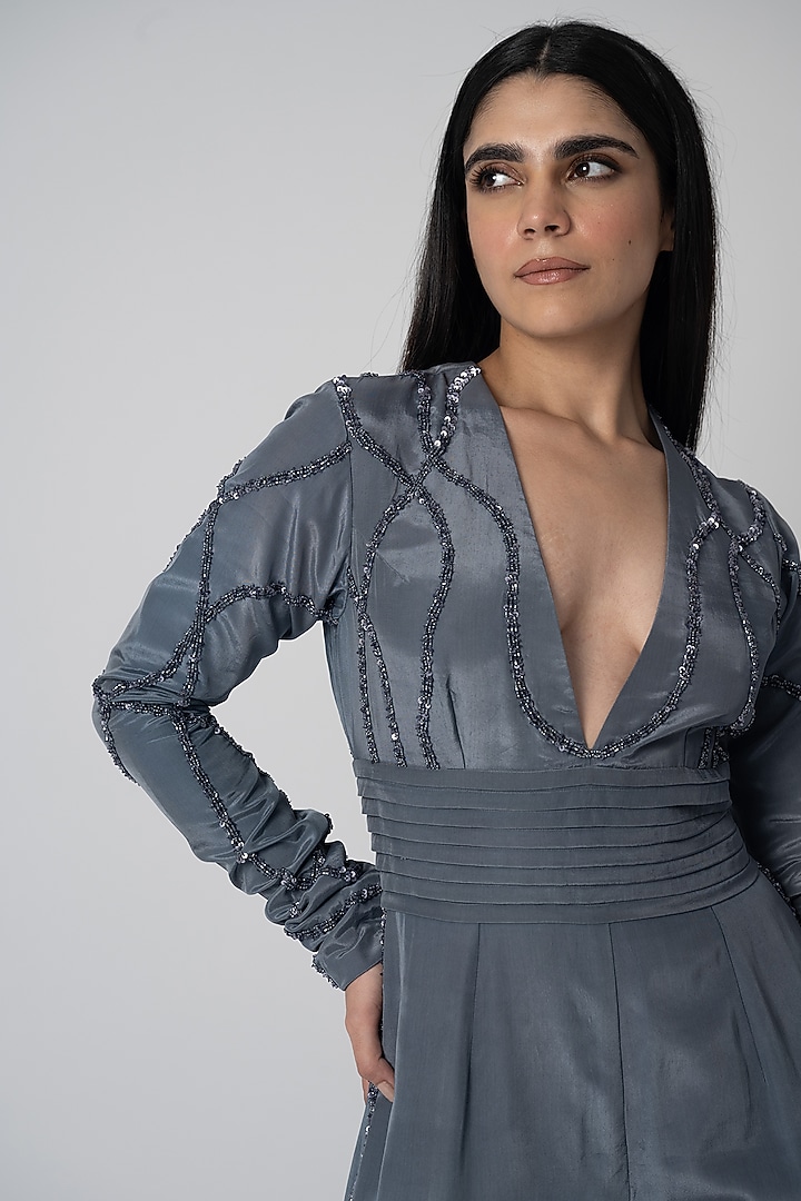 Grey Crepe Sequins Embroidered Jumpsuit by Shristi Chetani at Pernia's Pop Up Shop