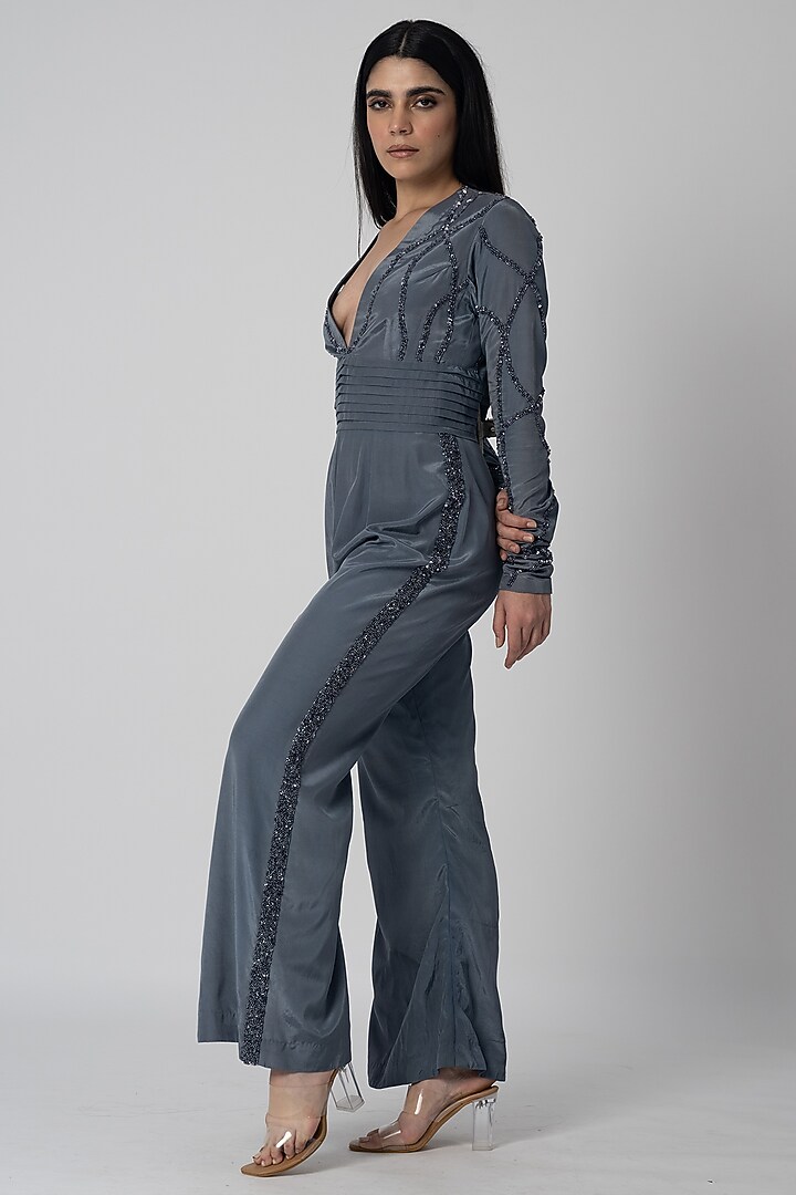 Grey Crepe Sequins Embroidered Jumpsuit by Shristi Chetani at Pernia's Pop Up Shop