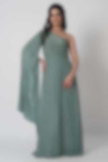 Mint Green Crepe Sequins Embroidered One-Shoulder Gown by Shristi Chetani
