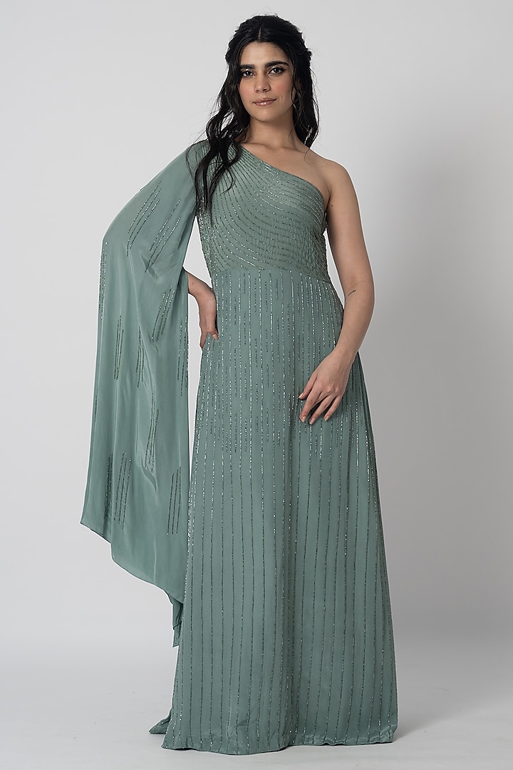 Mint Green Crepe Sequins Embroidered One-Shoulder Gown by Shristi Chetani