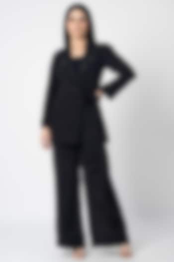 Black Crepe Sequins Embroidered Blazer Set by Shristi Chetani