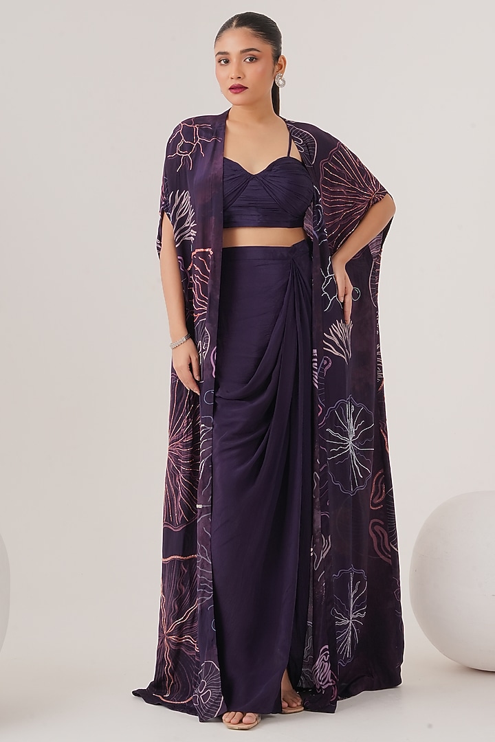 Purple Natural Crepe Draped Skirt Set by Shristi Chetani at Pernia's Pop Up Shop
