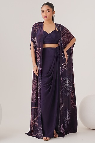 Purple Natural Crepe Draped Skirt Set by Shristi Chetani