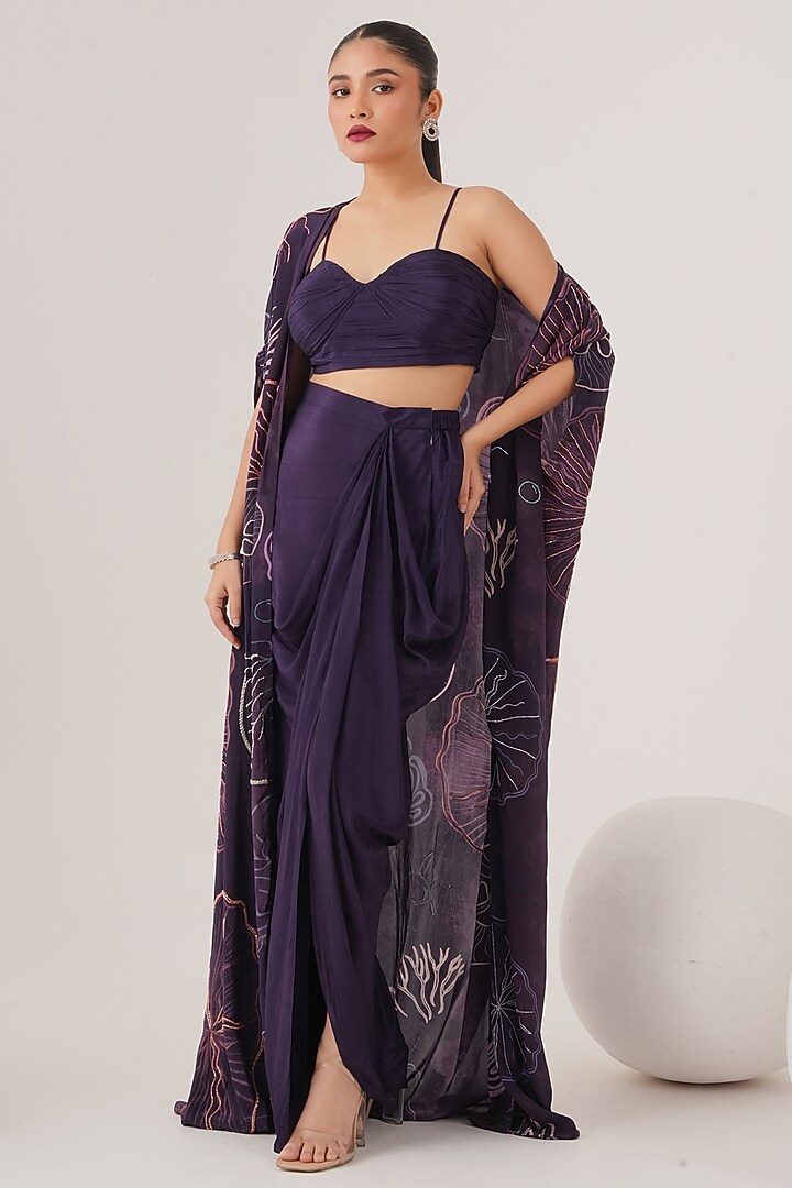 Purple Natural Crepe Draped Skirt Set by Shristi Chetani at Pernia's Pop Up Shop